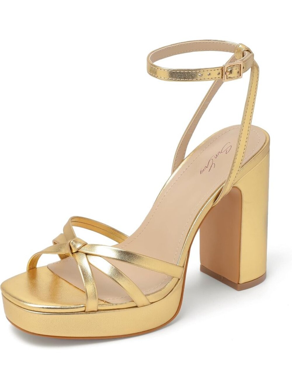 🆕Women's Metalic Gold Strappy Platform Heels Square Open Toe Chunky Sandals